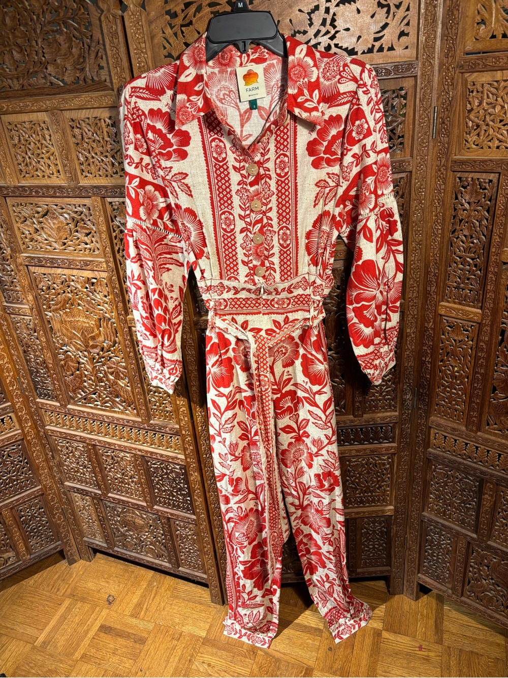 FARM Rio Red and Cream Floral Button-Front Belted Maxi Jumpsuit